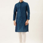 Men Blue & White Self Design Kurta with Churidar