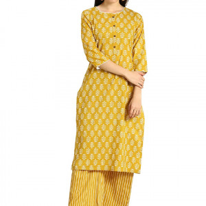 Women's Yellow Colour Cotton Printed Kurta with Palazzo Set