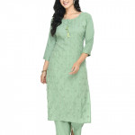 Women Green Cotton Kurti Pant Set