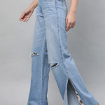 Women Blue Flared Mid-Rise Slash Knee Stretchable Jeans