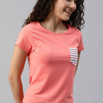 Women Coral Pink Solid Round Neck T-shirt with Contrast Pocket