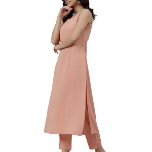 Women's Peach Poly Crepe Kurta With Pant And Dupatta