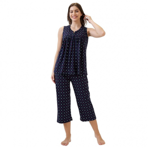 Women's Cotton Printed Round Neck Short Sleeve Night Suit Set | Capri Set | Casual Night Dress