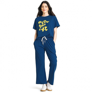 Night Suit for Women's Typography Printed Cotton Night Dress of Top and Wide Bottom Pyjama