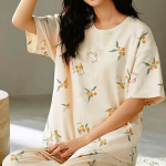 Women’s Cotton Pajama Set with Top & Pants|| Korean Night Suit|| Lightweight Printed Set ||