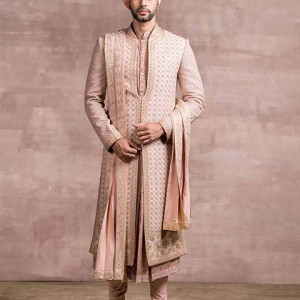 Peach Raw Silk Embroidered Sherwani Set